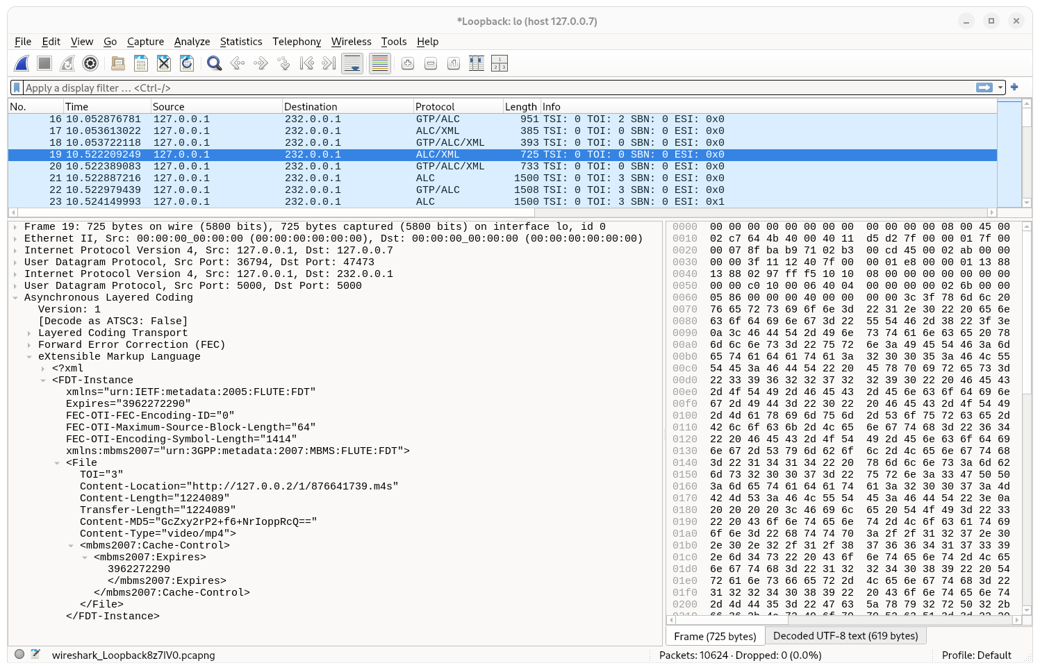 Wireshark screenshot showing the FDT with File entry for the first live media segment sent as part of a PULL STREAMING Distribution Session